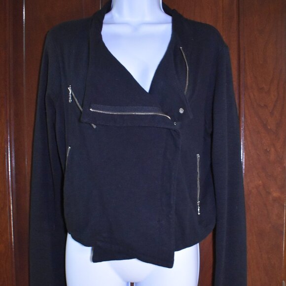 Hi Line Black Cotton Moto Biker Jacket Size Large Asymmetrical Zip - Picture 5 of 16